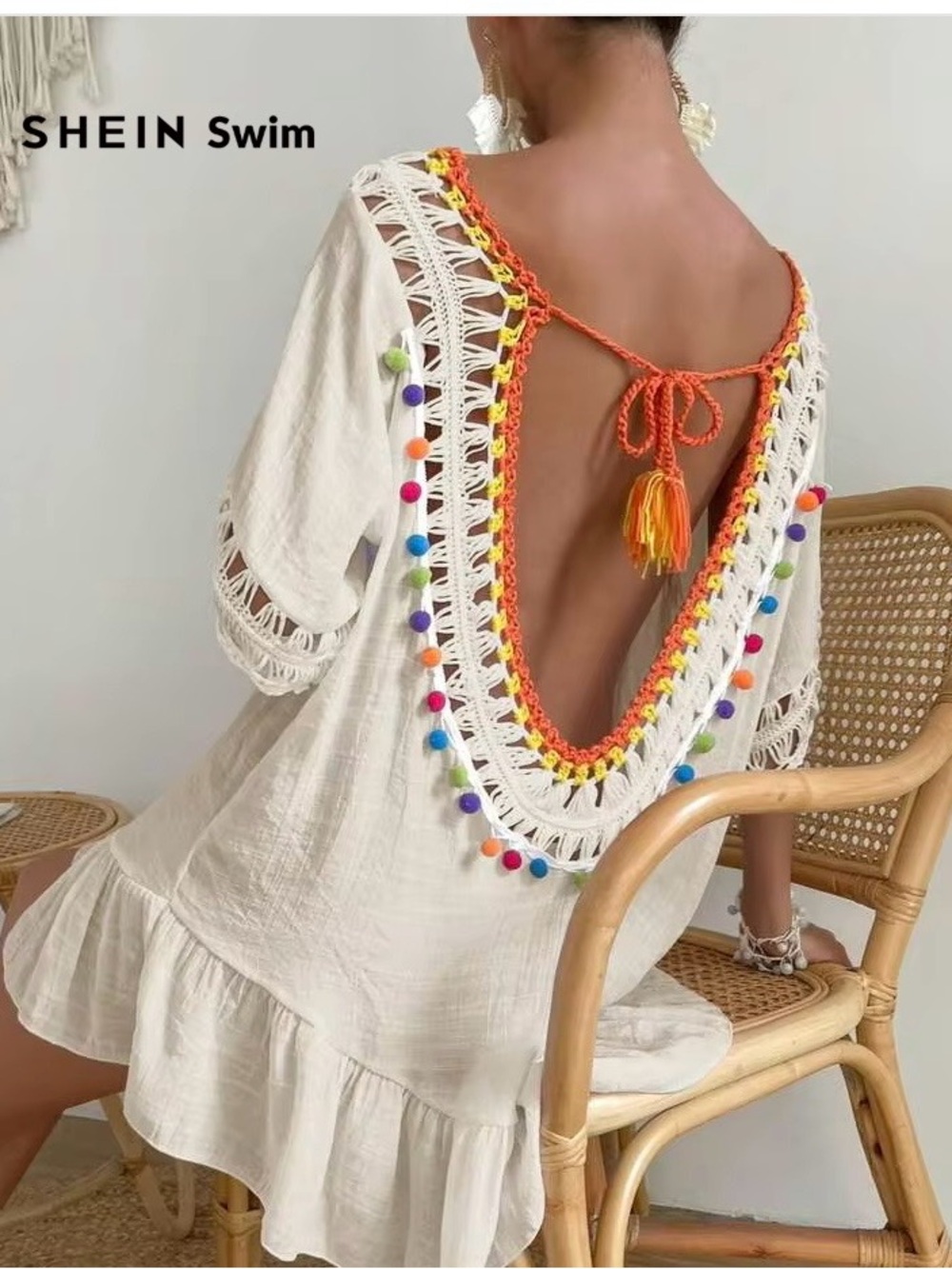 SHEIN Cream Crochet-Trim Mini Dress with Orange & Yellow Accents - Picture 3 of 15